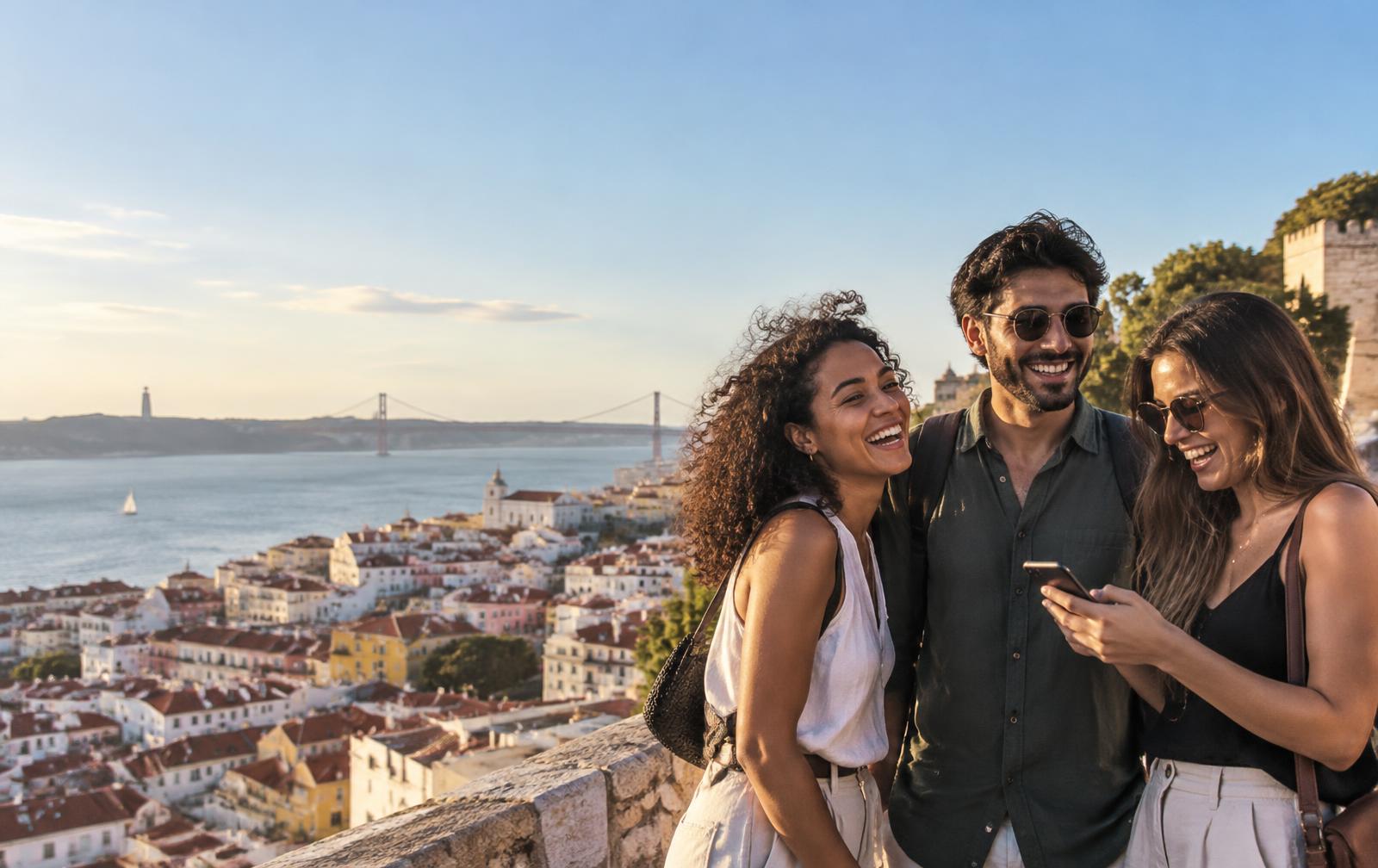 Amigos compartilhando um momento de viagem em Lisboa
